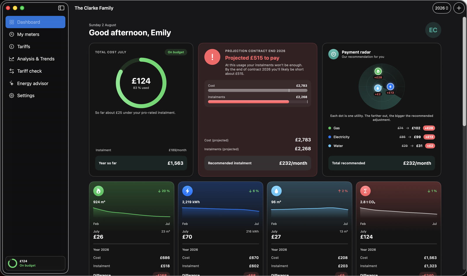 The payment radar shows for each utility how far the instalment should be adjusted