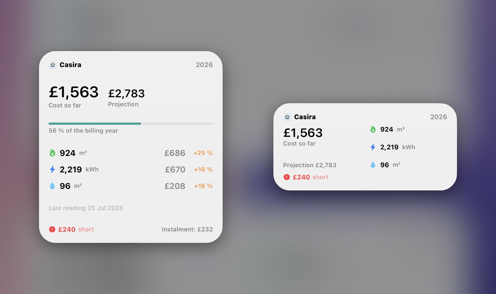 The Casira widget on the home screen in two sizes